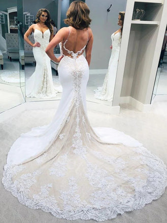 Sexy V-neck Sleeveless Mermaid Lace applique Wedding Dresses,DB0328