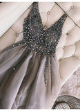Sexy V Neck A Line Tulle Beaded Rhinestone Short Homecoming Dress, BTW149