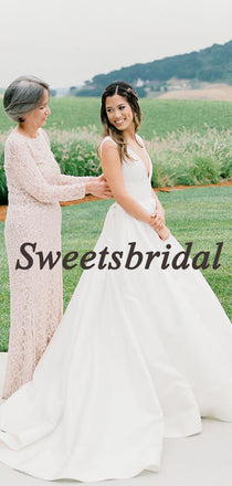 Pretty V-neck Satin A-line Sleeveless Vintage Long Wedding Dresses Evening Dresses, WD1133