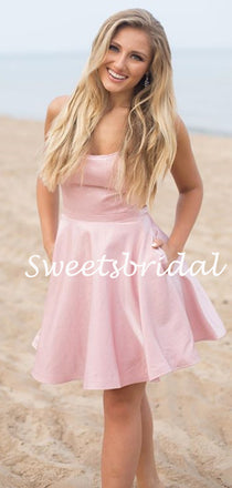 Simple Spaghetti Strap Satin Mini Short Homecoming Dresses, BTW300