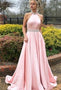 Pink A-line Satin Open Back Sleeveless Halter Long Prom Dress, MD319