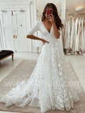 Elegant V-neck Long sleeves A-line Lace applique Wedding Dresses,DB0292