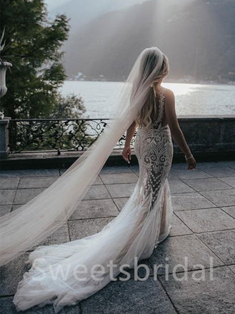 Sexy V-neck Spaghetti straps Mermaid Lace appique Wedding Dresses, DB0232