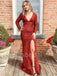 Elegant V-neck Long sleeves Side slit Mermaid Prom Dresses , SW1313