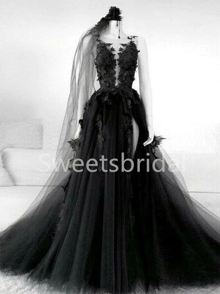 Black V-neck Side slit A-line Lace applique Wedding Dresses, DB0258