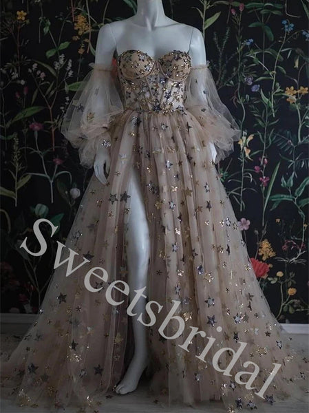 Elegant Off shoulder Sweetheart Side slit A-line Long Prom Dress,SW1972