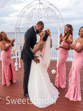 Ruffle Spaghetti straps V-neck Mermaid Elegant Simple Pretty Long Bridesmaid Dresses,SWE1309