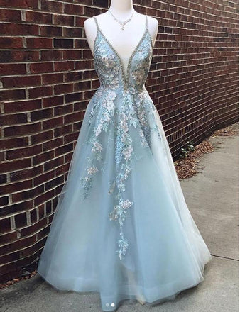 Elegant Spaghetti Strap V Neck Open Back Applique Tulle Long Prom Dresses ,MD343