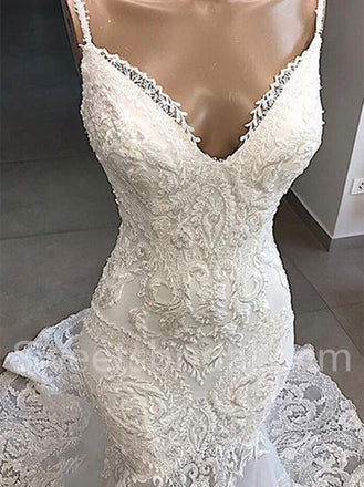 Sexy V-neck Spaghetti straps Mermaid Lace applique Wedding Dresses,DB0296
