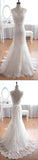 Popular Elegant V-Neck Deep V-back Long Mermaid White Lace Sweep Trailing Wedding Party Dresses , WD0045