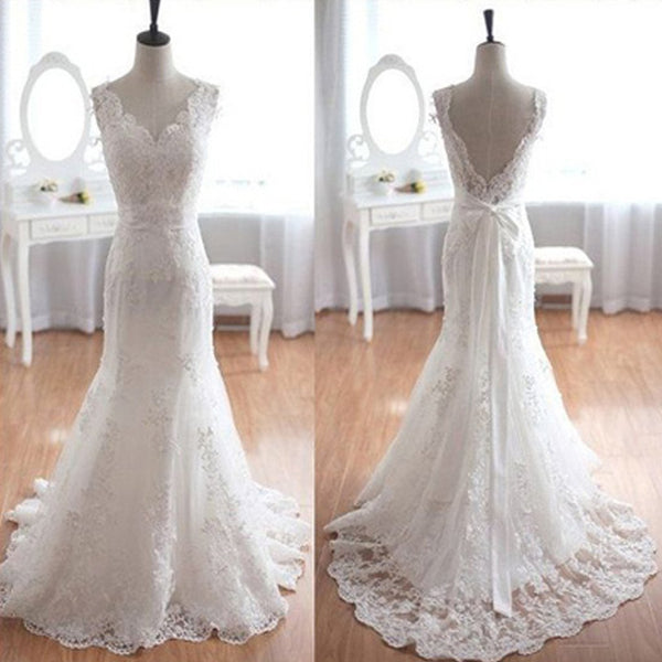 Popular Elegant V-Neck Deep V-back Long Mermaid White Lace Sweep Trailing Wedding Party Dresses , WD0045