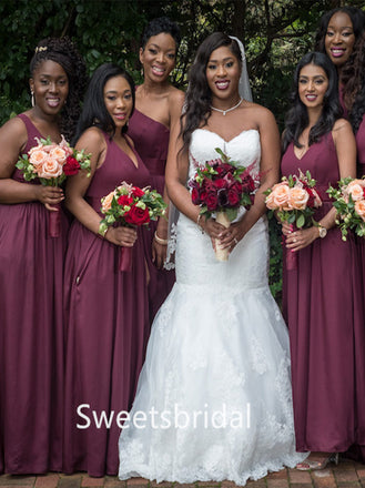 Mismatched One-shoulder V-neck Elegant Simple Long Bridesmaid Dressess,SWE1354