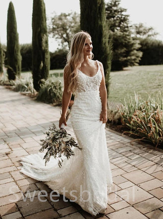 Simple V-neck Sleeveless Mermaid Lace applique Wedding Dresses, DB0219