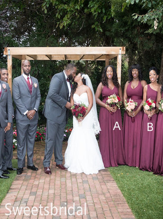 Mismatched One-shoulder V-neck Elegant Simple Long Bridesmaid Dressess,SWE1354
