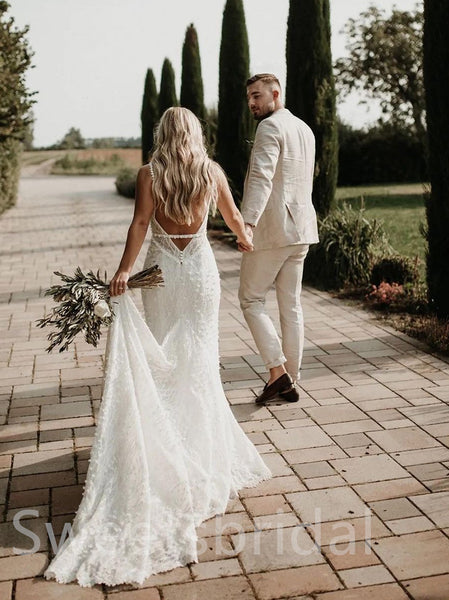 Simple V-neck Sleeveless Mermaid Lace applique Wedding Dresses, DB0219