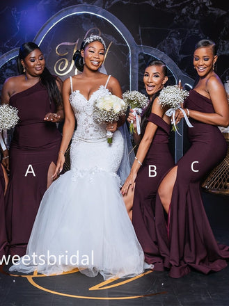 Mismatched One-shoulder Side slit Elegant Simple Long Bridesmaid Dressess,SWE1355