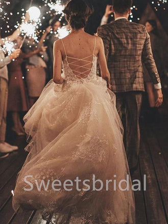 Elegant Spaghetti straps V-neck A-line Lace applique Wedding Dresses,DB0303