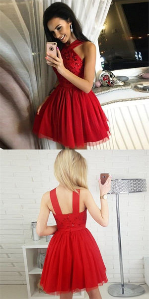 Pretty Red Sleeveless Zipper Tulle A Line Mini Short Homecoming Dress, BTW179