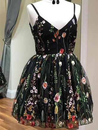 Unique Spaghetti Strap Black Lace A Line Short Homecoming Dress, BTW181