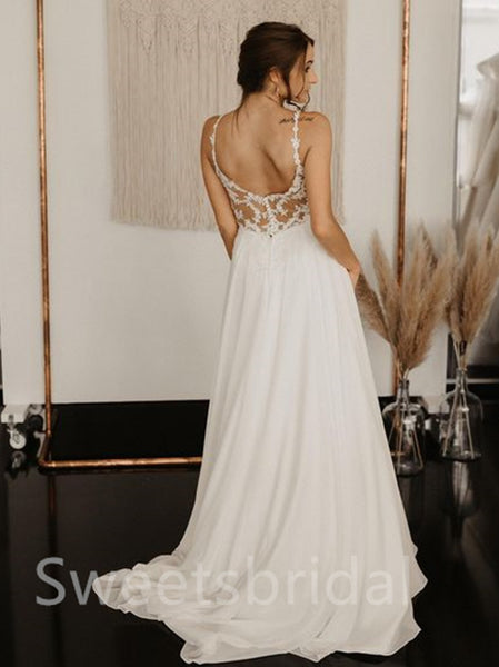 Simple V-neck Spaghetti straps Backless A-Line Lace Wedding Dresses,DB0184