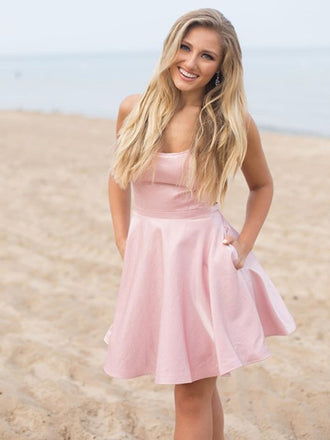 Simple Spaghetti Strap Satin Mini Short Homecoming Dresses, BTW300