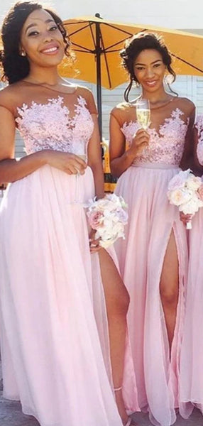 Pretty Light Pink Lace Applique A Line Chiffon Side Slit Long Bridesmaid Dresses, SW1023
