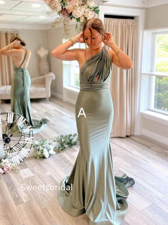 Mismatched Halter Mermaid Floor-length Elegant Simple Pretty Long Bridesmaid Dresses, SWE1337