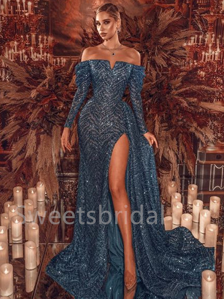 Sexy Off-shoulder Long sleeves Side slit A-line Sequin Simple Prom Dresses, SW1294