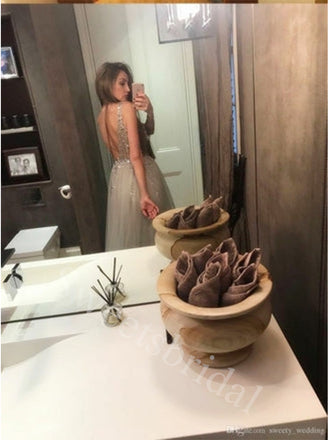 Sexy V-neck Side slit A-line Prom Dresses,SW1839