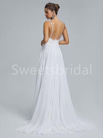 Elegant Spaghetti straps V-neck A-line Lace applique Wedding Dresses, DB0263