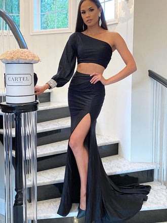 Simple One-shoulder Two-piece Side Slit Mermaid Long Prom Dresses.SW1173