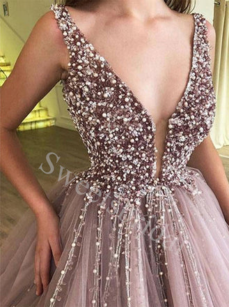 Elegant V-neck Sleeveless A-line Prom Dresses,SW1829