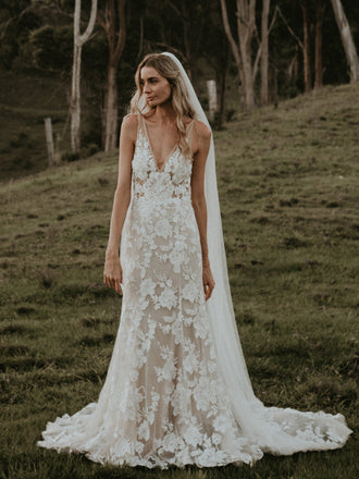 Vintage V-neck Mermaid Lace Sleeveless Long Wedding Dresses Evening Dresses,WD1146