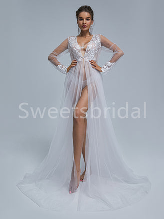 Sexy V-neck Long sleeves A-line Lace applique Wedding Dresses, DB0265