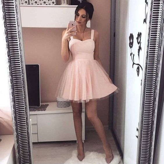 Simple Sweetheart Light Pink Tulle A Line Short Homecoming Dress, BTW167