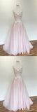 Light Pink V-neck Tulle Applique Long Prom Dress,Pink Evening Dress ,MD308