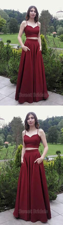 Pretty Burgundy Two Pieces Spaghetti Strap Floor Length Evening Prom Dresses, SW0050