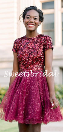 Simple Round Neck Sequin Tulle Mini Short Homecoming Dresses, BTW301