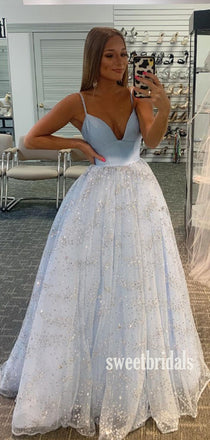 Simple V-neck A-line Tulle Cheap Long Prom Dresses.SW1205