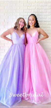 A-line V-neck Spaghetti Strap Tulle Long Prom Dresses.SW1184