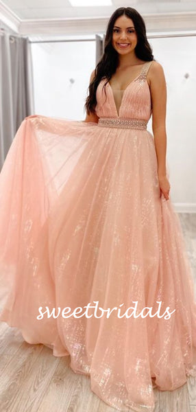 Simple V-neck Tulle A-line Long Prom Dresses.SW1174