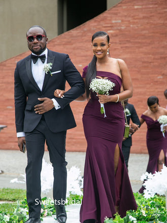 Mismatched One-shoulder Side slit Elegant Simple Long Bridesmaid Dressess,SWE1355