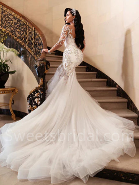 Sexy V-neck Long sleeves Mermaid Lace applique Wedding Dresses,DB0286