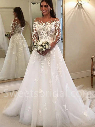Elegant Off shoulder Long sleeves A-line lace applique Wedding Dresses,DB0283