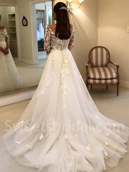 Elegant Off shoulder Long sleeves A-line lace applique Wedding Dresses,DB0283
