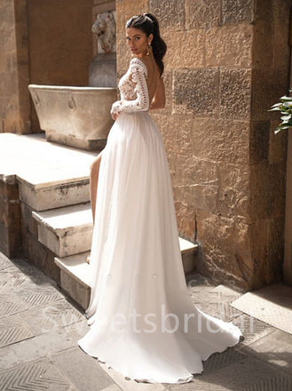 Sexy V-neck Long sleeves Side slit A-line Lace applique Wedding Dresses,DB0311