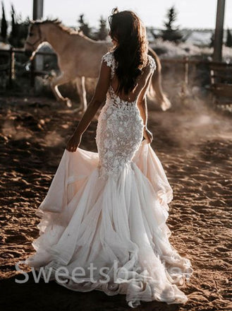 Simple V-neck Mermaid Lace applique Wedding Dresses,  DB0250