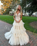 Elegant V-neck Sleeveless A-line Long Prom Dress,SW1942