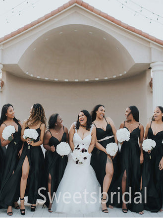 Spaghetti straps Sweetheart A-line Pleats Side slit Elegant Simple Long Bridesmaid Dresses,SWE1287