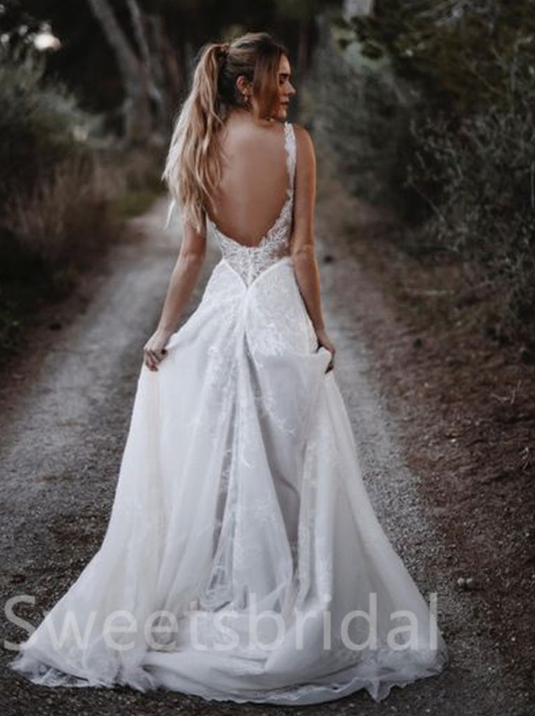 Sexy V-neck Spaghetti straps Sweetheart A-line Lace applique Wedding Dresses, DB0193